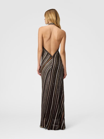 Langes Kleid mit Neckholder und Fischgrätenstreifen, Mehrfarbig  - DS25WG02BK01C3SM9T5