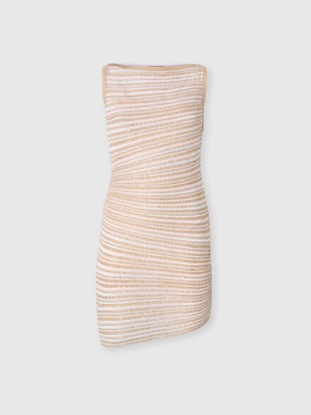 Boat Neck Mini Dress with Lamé Stripes, White  - DS25WG04BK01CLS30FN