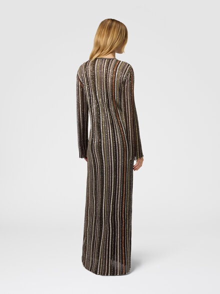 Langes Kleid mit V-Ausschnitt und Fischgrätenstreifen, Mehrfarbig  - DS25WG05BK01C3SM9T5