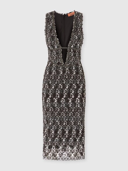 Vestido midi con escote en V de encaje trabajado, Negro & Marròn - DS25WG0HBR012HS80DP