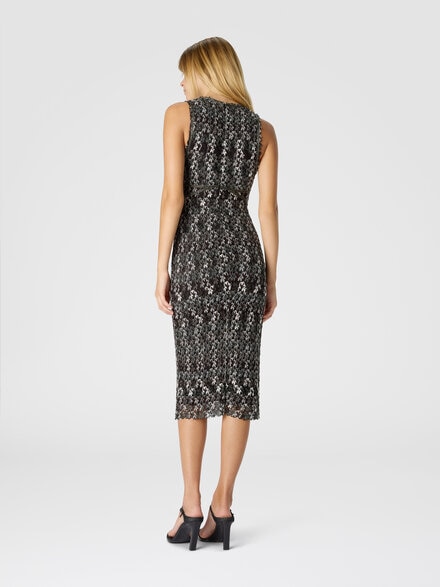Midi dress with v-neck and embroidered lace, Black & Brown - DS25WG0HBR012HS80DP