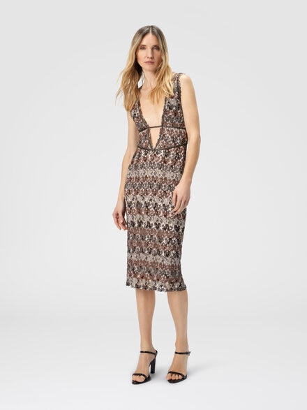 Midi dress with v-neck and embroidered lace, Beige - DS25WG0HBR012HS80DQ