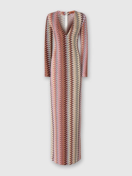 Long Dress with V-Neck and Zigzag Pattern, Multicoloured  - DS25WG0LBR012LSM9QY
