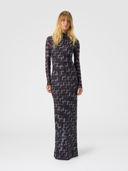 Langes Kleid mit Stehkragen aus strukturierter Spitze, Schwarz& Violett  - DS25WG0TBR012PS91P5