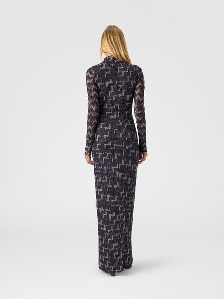 Langes Kleid mit Stehkragen aus strukturierter Spitze, Schwarz& Violett  - DS25WG0TBR012PS91P5
