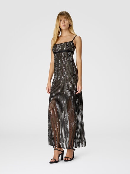 Langes plissiertes Kleid mit Zickzackmuster, Schwarz - DS25WG0VBK01CHSM9T2