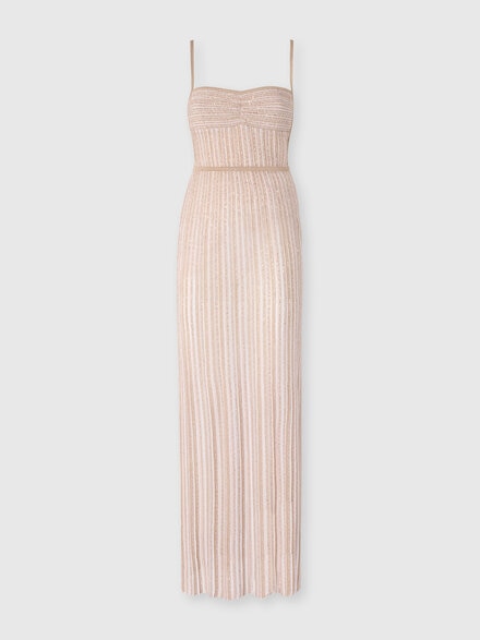 Sleeveless Long Dress with Lamé Stripes, White  - DS25WG10BK01CLS30FN