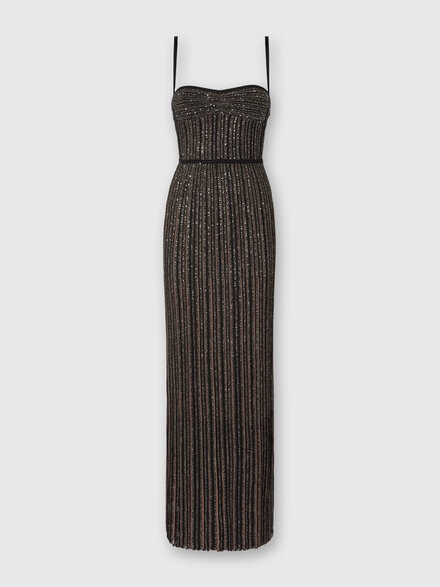 Ärmelloses langes Kleid mit Lamé-Streifen, Schwarz & Braun - DS25WG10BK01CLS80E3
