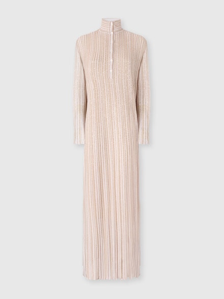 Long Button-Down Dress with Lamé Stripes and Long Sleeves, White  - DS25WG11BK01CLS30FN