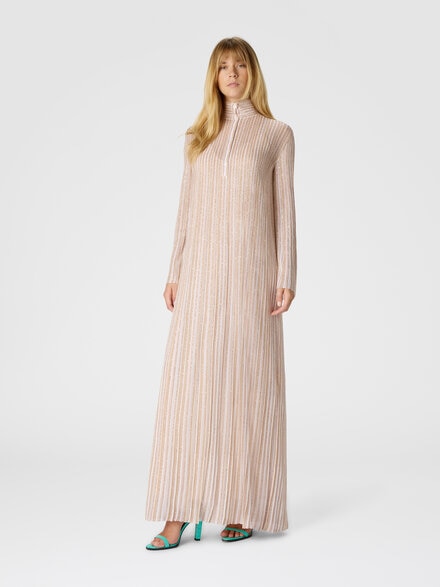 Long button-down dress with lamé stripes and long sleeves, White  - DS25WG11BK01CLS30FN