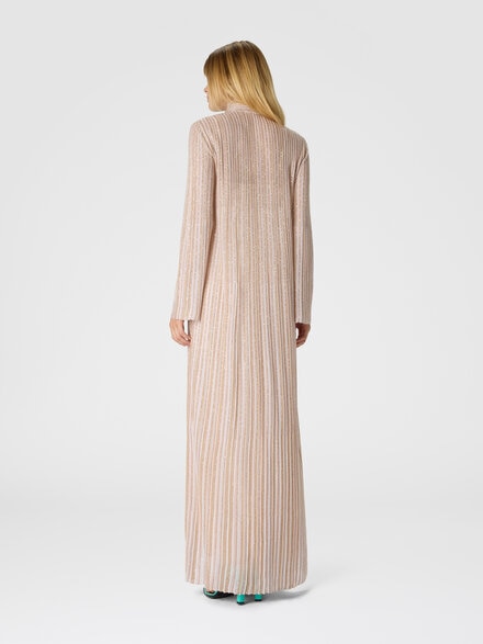 Long button-down dress with lamé stripes and long sleeves, White  - DS25WG11BK01CLS30FN