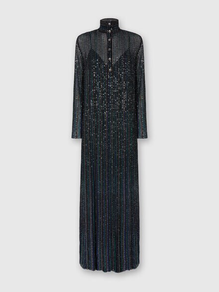 Long Button-Down Dress with Lamé Stripes and Long Sleeves, Multicoloured  - DS25WG11BK01CLSM9T6