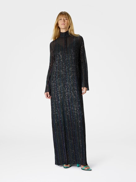 Long button-down dress with lamé stripes and long sleeves, Multicoloured  - DS25WG11BK01CLSM9T6