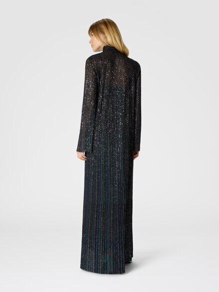 Long button-down dress with lamé stripes and long sleeves, Multicoloured  - DS25WG11BK01CLSM9T6