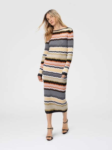Long crew neck dress with chevron pattern, Multicoloured  - DS25WG18BK01COSM9SN