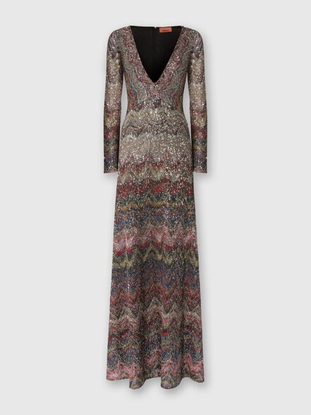 Long dress with v-neck and zigzag pattern, Multicoloured  - DS25WG1MBC005ES4176
