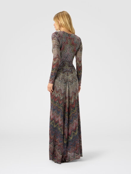 Langes Kleid mit V-Ausschnitt und Zickzackmuster, Mehrfarbig  - DS25WG1MBC005ES4176