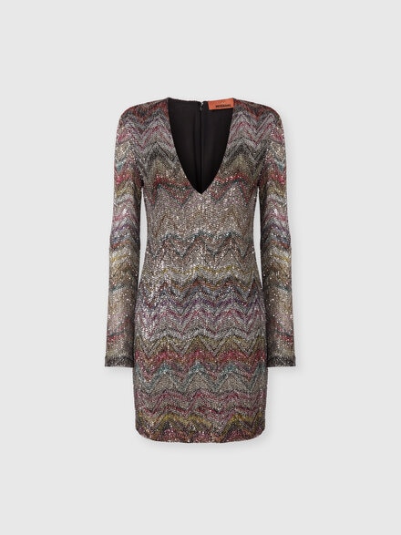 Mini Dress with V-Neck and Zigzag Pattern, Multicoloured  - DS25WG1NBC005GS01HU