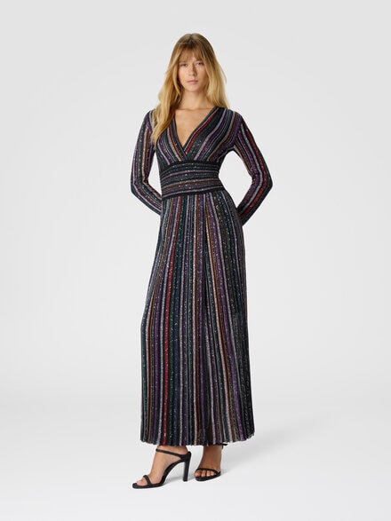Langes Kleid mit Paillettenapplikation, Mehrfarbig  - DS25WG1TBK01C3SM9T4