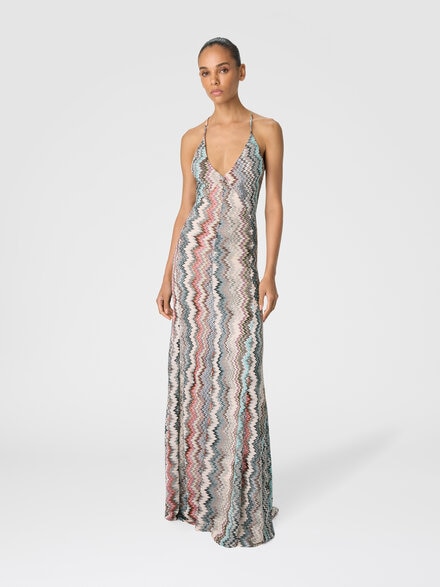 Long V-Neck Dress with Snake Pattern, Multicoloured  - DS25WG1YBR012GSM9QW