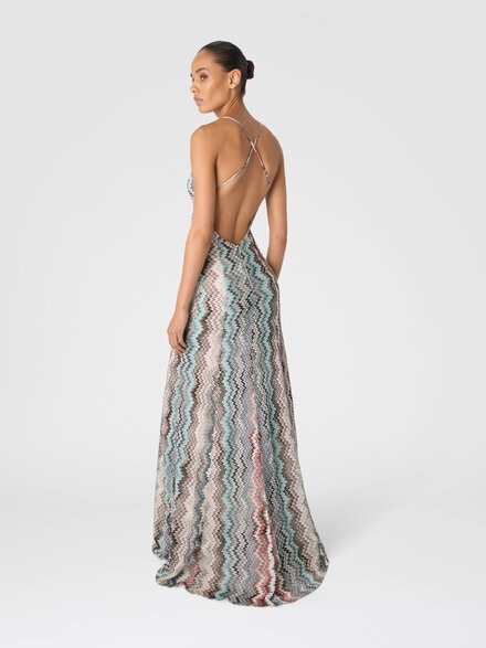 Long V-Neck Dress with Snake Pattern, Multicoloured  - DS25WG1YBR012GSM9QW