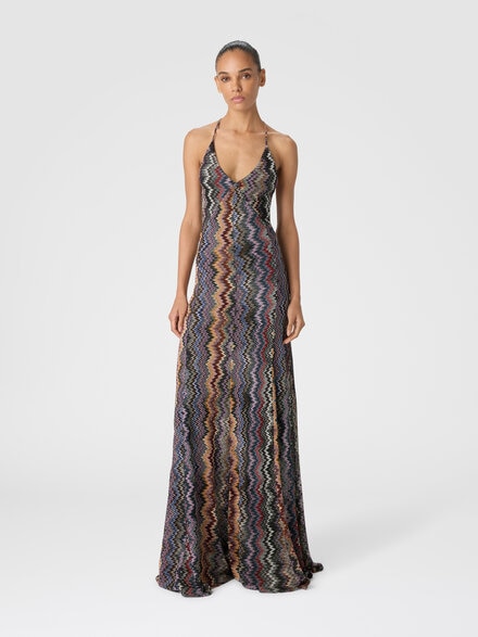 Long V-Neck Dress with Snake Pattern, Multicoloured  - DS25WG1YBR012GSM9U4