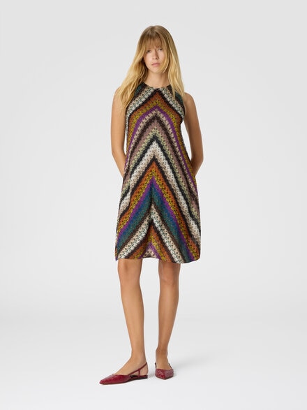 Crew neck mini dress in perforated tulle lace, Multicoloured  - DS25WG1ZBR012OS72LE