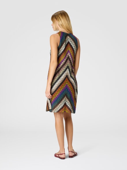 Crew neck mini dress in perforated tulle lace, Multicoloured  - DS25WG1ZBR012OS72LE