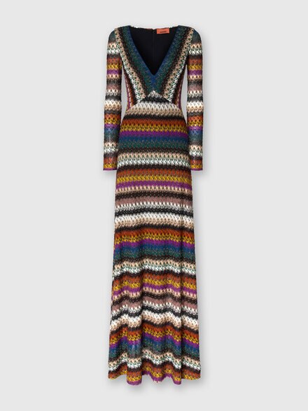 Flared long dress with v-neck and long sleeves, Multicoloured  - DS25WG20BR012OS72LE