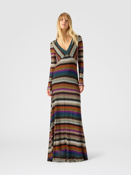 Flared long dress with v-neck and long sleeves, Multicoloured  - DS25WG20BR012OS72LE