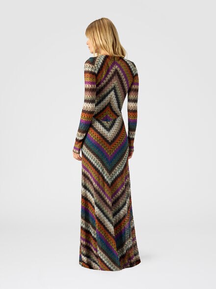 Flared long dress with v-neck and long sleeves, Multicoloured  - DS25WG20BR012OS72LE