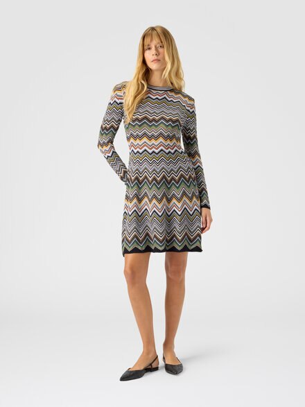 Mini dress with round neckline in viscose and zigzag wool, Multicoloured  - DS25WG29BK01CQSM9TA