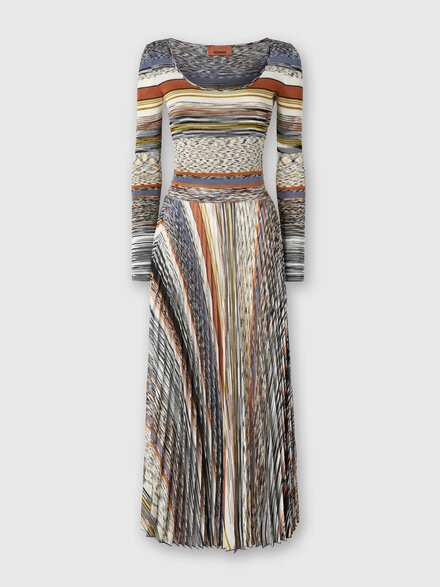 Long Dress with Pleated Skirt in Stripes, Multicoloured  - DS25WG2CBK01CRFM147