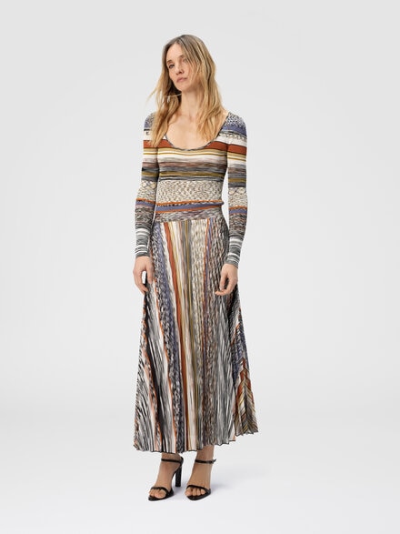Long dress with pleated skirt in stripes, Multicoloured  - DS25WG2CBK01CRFM147