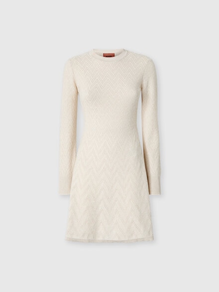 Women's short flared dress with long sleeves and jacquard detailing, Beige - DS25WG2TBK01B7S01J9