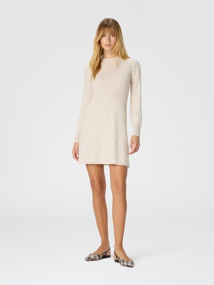 Women's short flared dress with long sleeves and jacquard detailing, Beige - DS25WG2TBK01B7S01J9