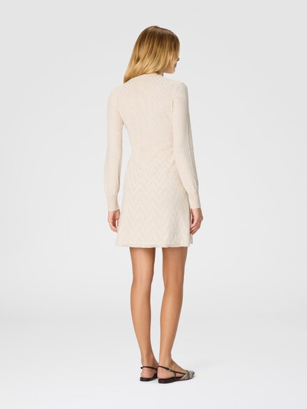 Women's short flared dress with long sleeves and jacquard detailing, Beige - DS25WG2TBK01B7S01J9