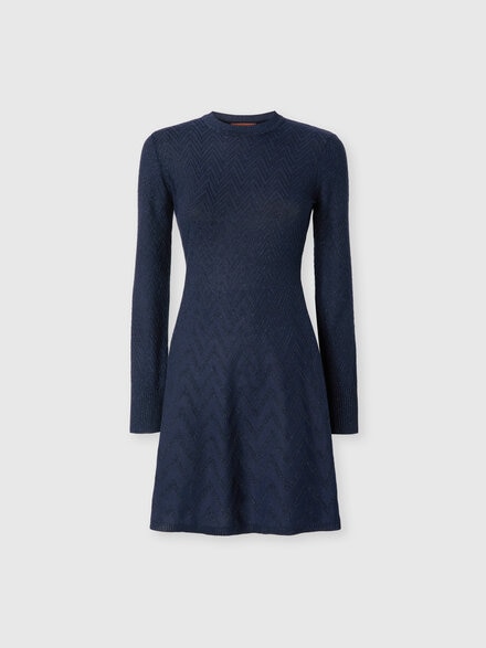 Women's short flared dress with long sleeves and jacquard detailing, Blue - DS25WG2TBK01B7S72O5