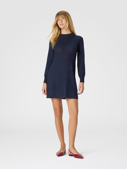 Women's short flared dress with long sleeves and jacquard detailing, Blue - DS25WG2TBK01B7S72O5