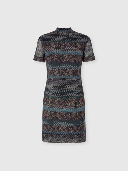 High-neck mini dress in lamé viscose, Blue - DS25WG2UBR014AS72O0