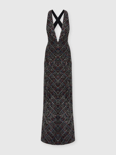 Long dress with v-neck and check pattern, Multicoloured  - DS25WG3MBC005VS91R4