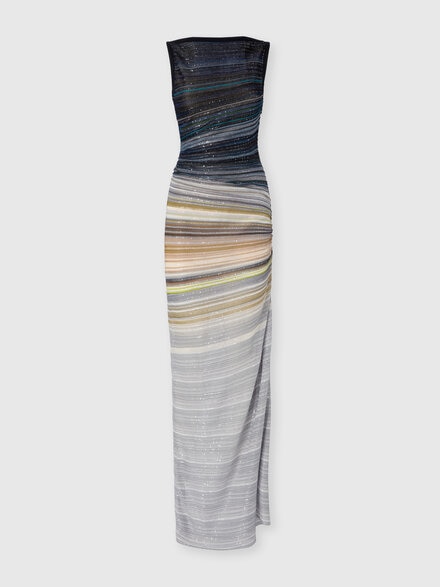Long boat-neck dress in striped knit, Blue & Grey - DS25WG3OBK01FJSM9WR