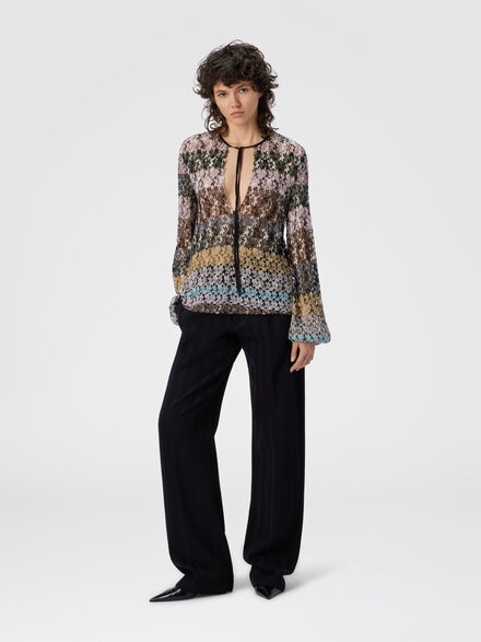 Bluse mit Rundhalsausschnitt aus strukturierter Spitze, Mehrfarbig  - DS25WJ0KBR012ISM9QX