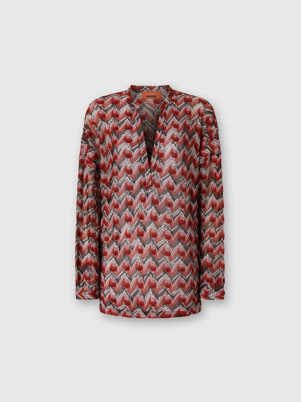 Oversized Blouse with Mandarin Collar and V-Neck, Black & Red - DS25WJ0OBR012PS4175