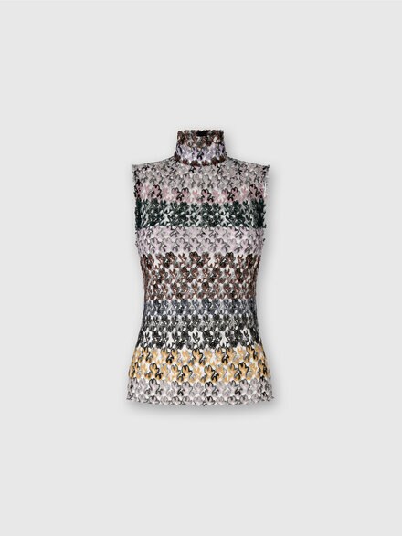 High-Neck Top in Striped Embroidered Lace, Multicoloured  - DS25WK08BR012ISM9QX