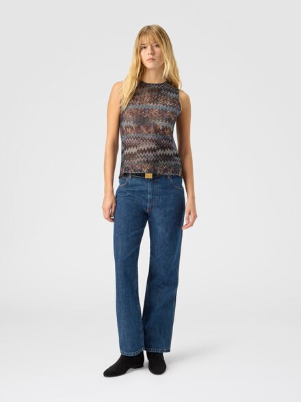 Sleeveless top in lamé viscose, Blue - DS25WK0YBR014AS72O0