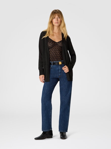 Cardigan mit Lamé-Gürtel, Schwarz - DS25WM0IBK01BYL905E