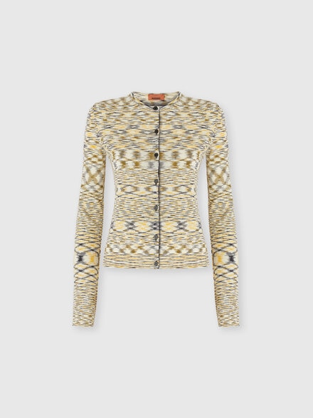 Short Crew Neck Cardigan in Smooth Flame Knit, Yellow  - DS25WM0JBK01CCF002N