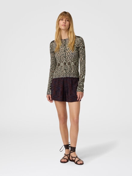 Short crew neck cardigan in smooth flame knit, Black & Brown - DS25WM0JBK01CCFM13X