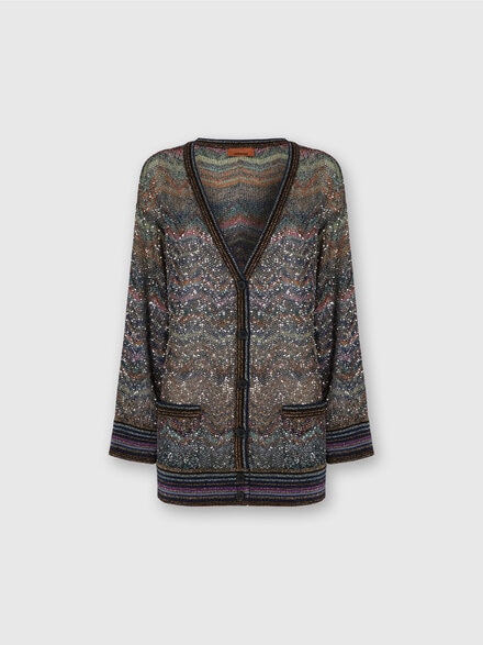 Oversized V-Neck Cardigan with Zigzag Pattern, Multicoloured  - DS25WM0TBC005GS91P6